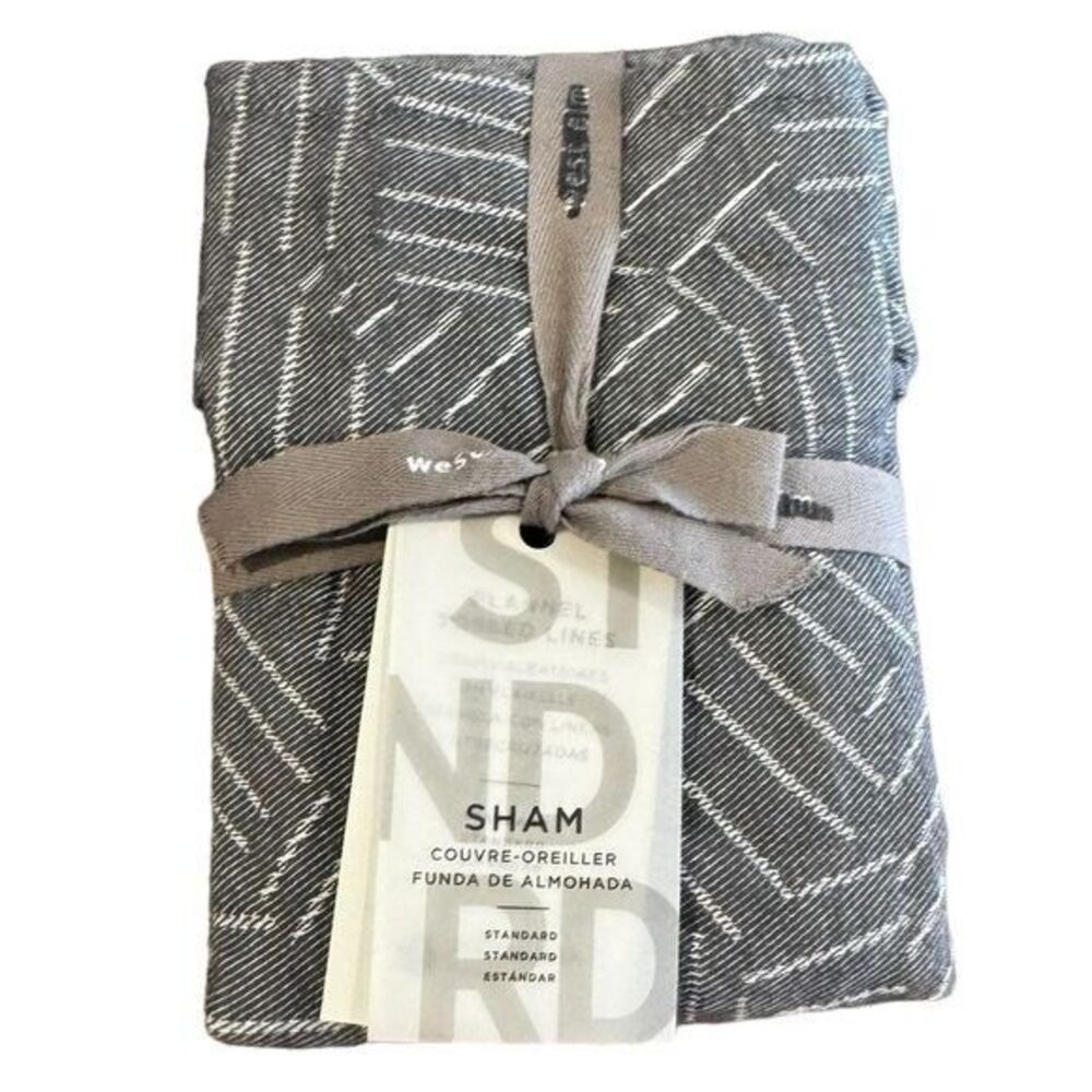 NIP West Elm Flannel Tossed Lines Standard Sham Dark Charcoal Recycled Cotton